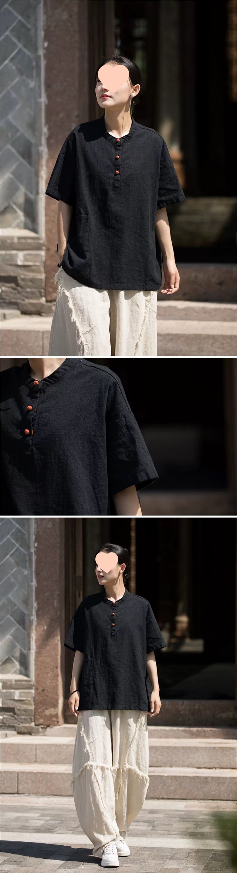 中国风立领盘扣棉麻短袖T恤女2025新款夏季宽松文艺禅意茶服上衣详情10