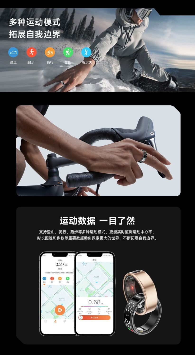 带屏幕显示跨境蓝牙连接智能戒指手势刷视频防水血氧心率计数指环详情6