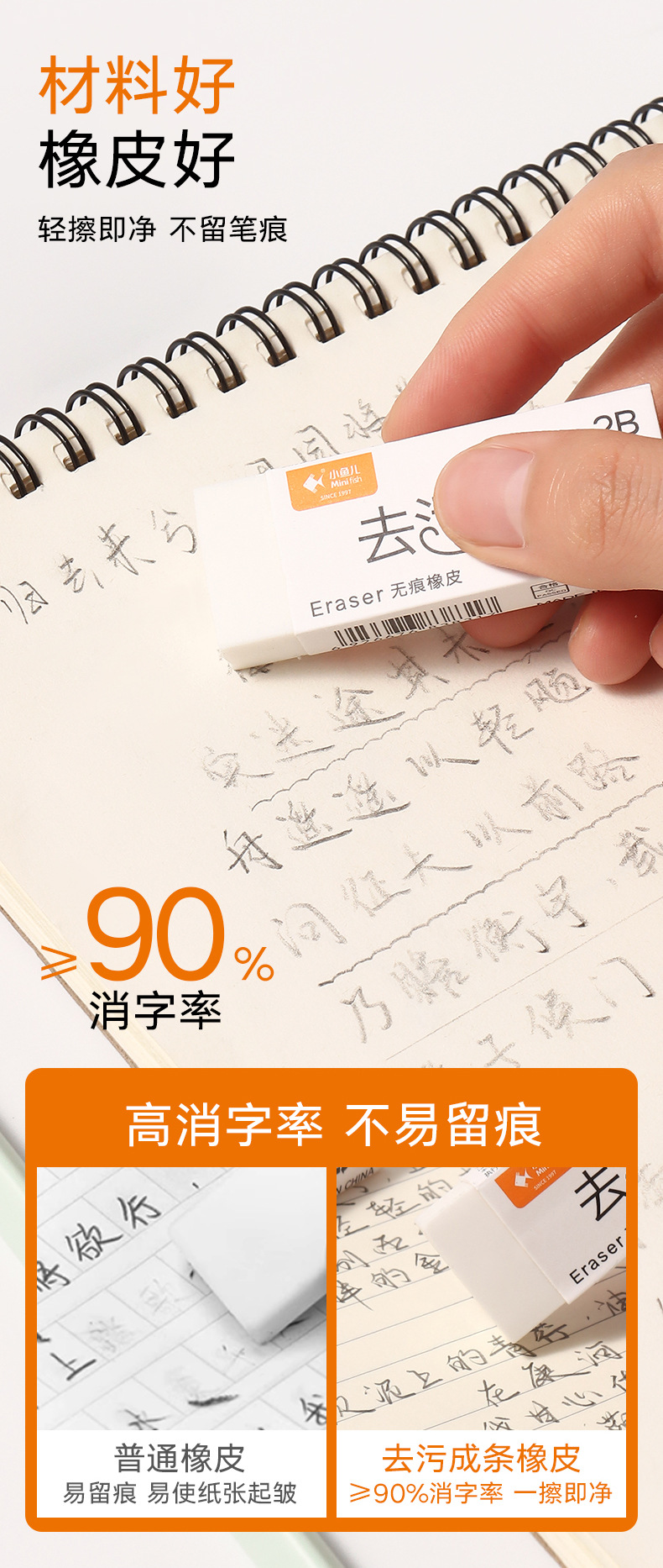 小鱼儿学生用2B纸无痕白色大号橡皮擦考试美术绘画擦字成线干净详情14