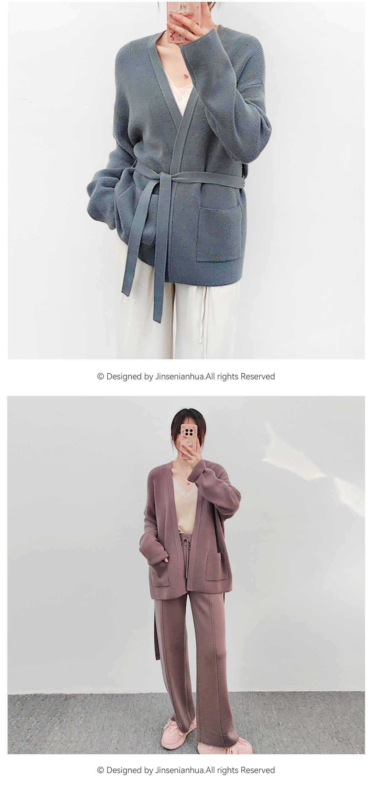 New autumn and winter style belt-knitted, stylish and slimming wool sweater coat for women, Korean loose mid-length V-neck cardigan pic 7