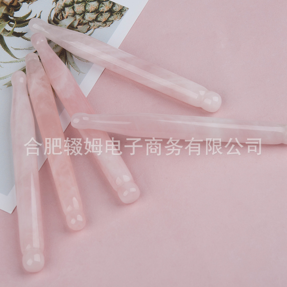 批发外贸天然粉晶玉石按摩器脸部面部刮板质感温润手工打磨穴位笔详情21