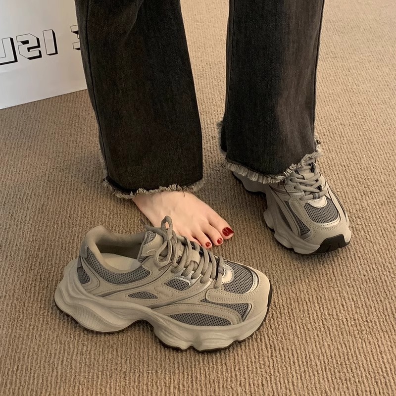 复古厚底灰色老爹鞋女款2025春季新款网面透气显脚小休闲运动鞋子详情2