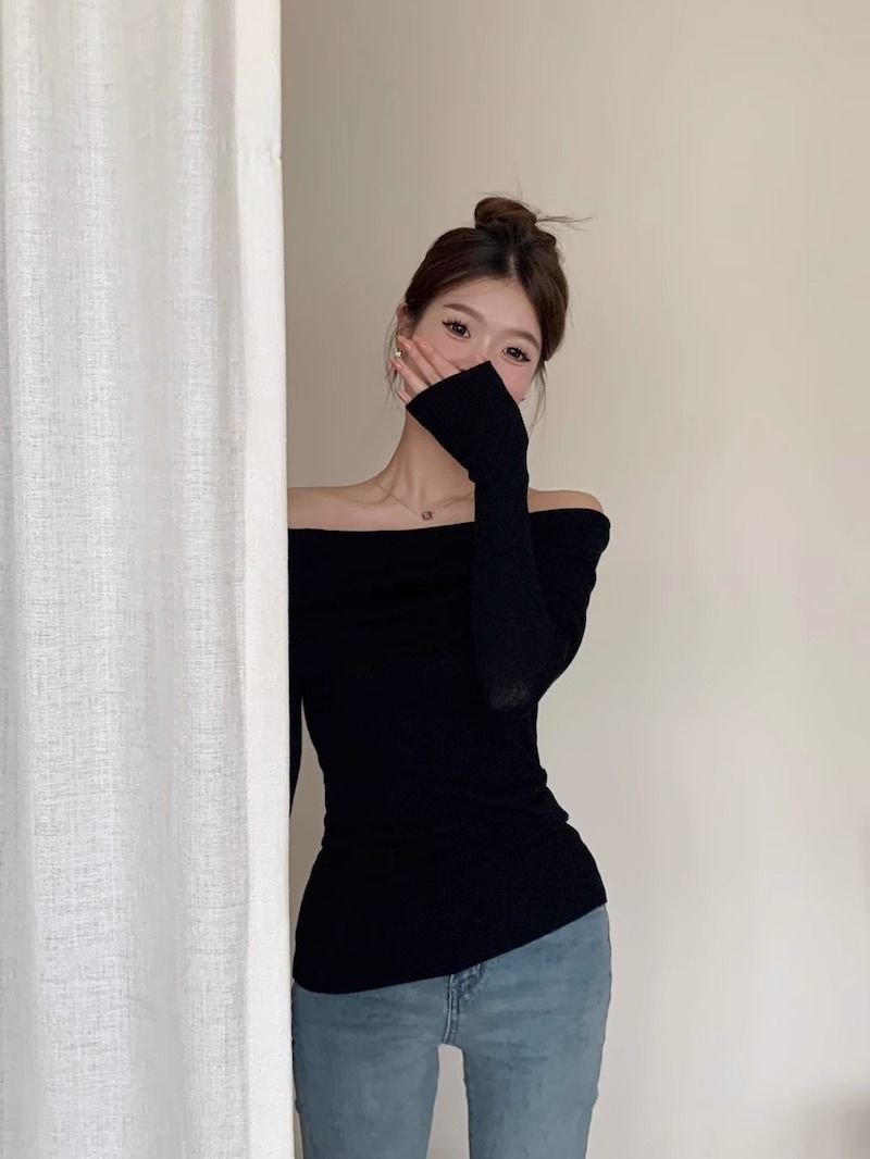 露肩一字肩上衣针织衫女秋装新款修身长袖红色漏肩黑色一字领毛衣详情26