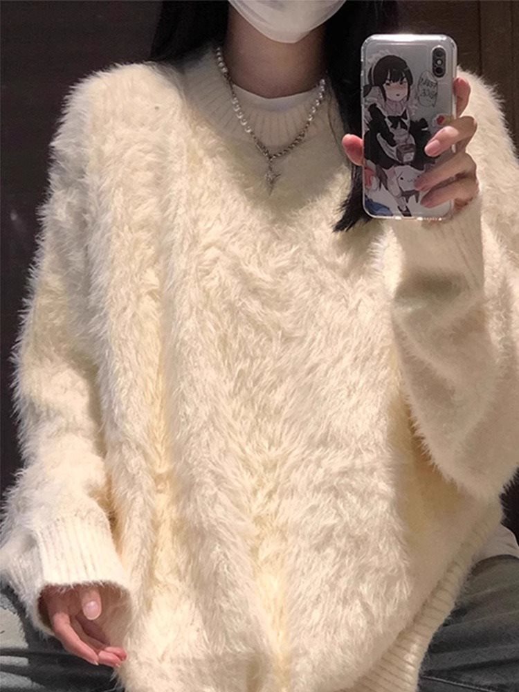 米白色海马毛软糯毛衣女潮高级慵懒风针织打底衫秋冬加厚美式外套详情2