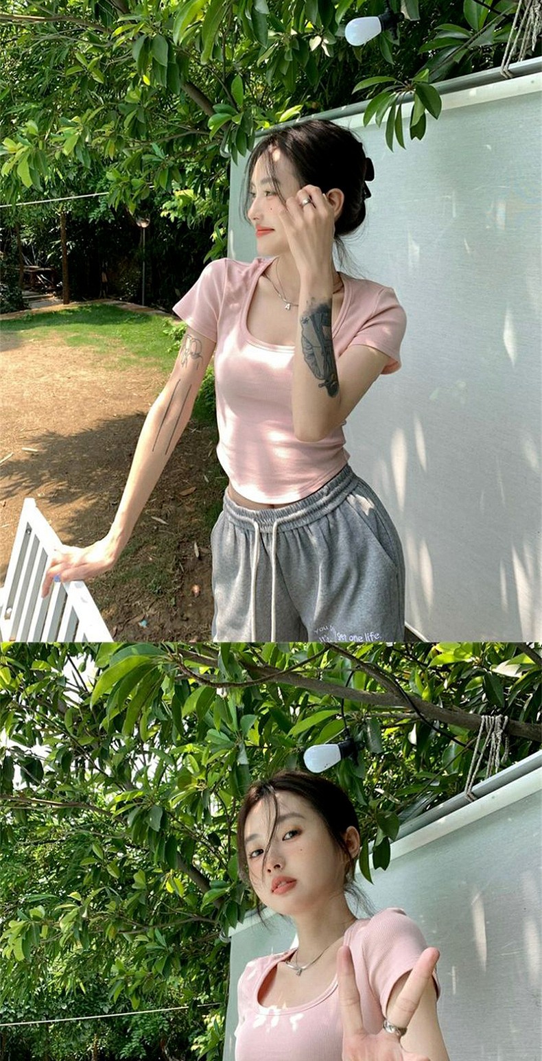 纯欲甜辣妹正肩方领短袖T恤女夏季ins设计感小众百搭显瘦短款上衣详情6