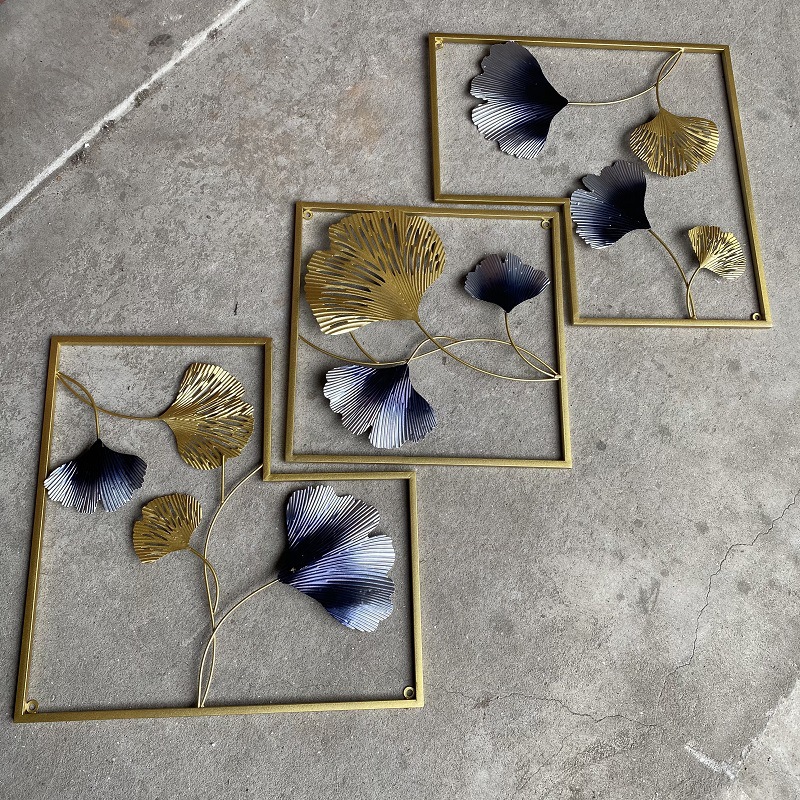 现代简约铁艺金属墙面挂画立体三联组合壁挂跨境热销装饰品银杏叶详情9