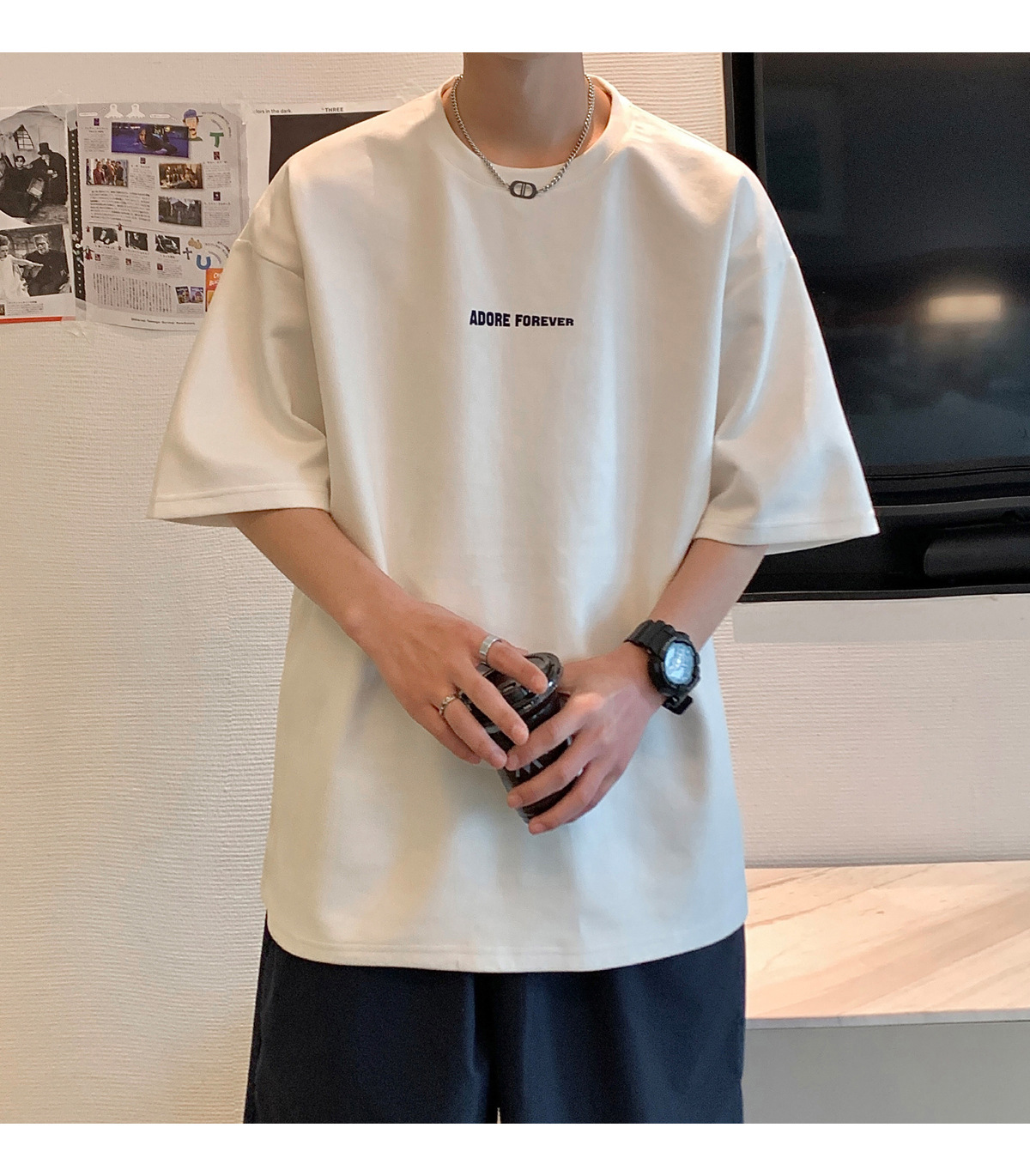 Avocado Green 320g heavyweight T-shirt for men, American retro suede short-sleeved, oversized small collar, three-quarter sleeve pic 18