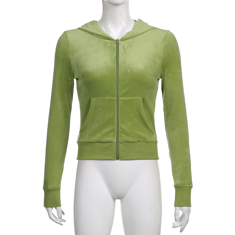 Solid color velvet slim sports suit zipper hood pic 26