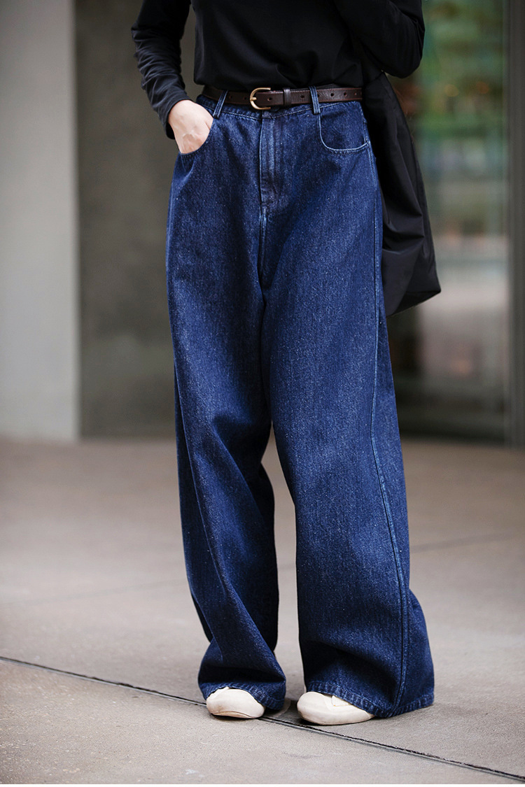 A niche all-season deep indigo blue mid-waisted loose and versatile wide-leg jeans pic 9