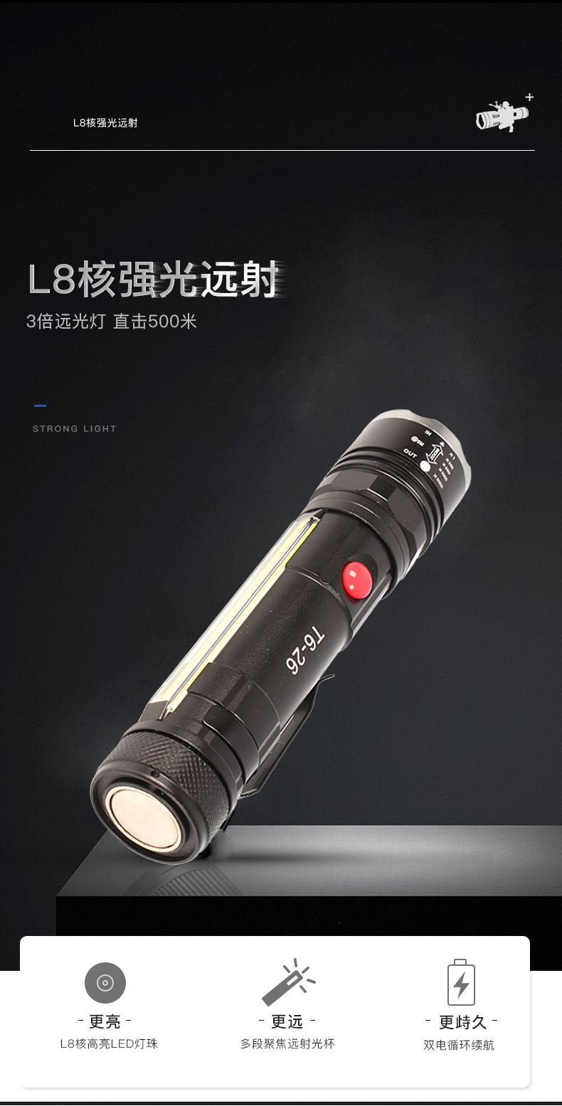 Factory direct sales outdoor high-intensity flashlight, multi-functional USB charging zoom T6, magnetic pen clip at the rear, cob side light pic 7