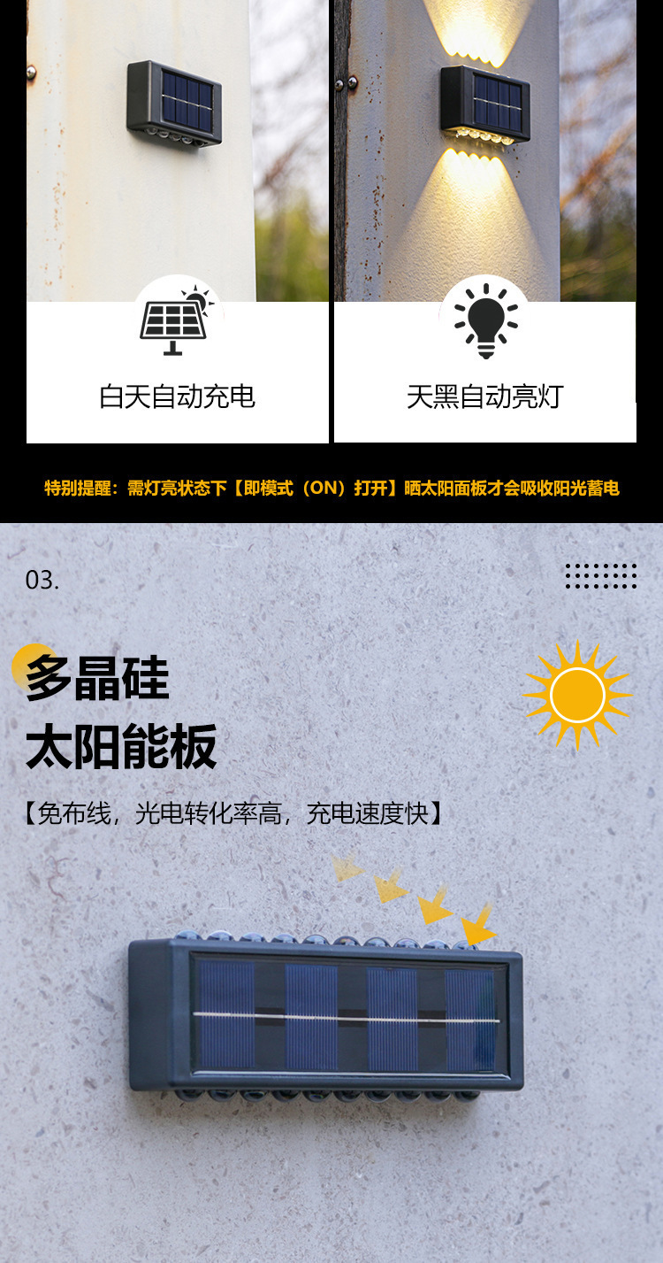 太阳能灯户外庭院灯院子花园装饰灯围墙洗墙新款上下发光氛围壁灯详情3