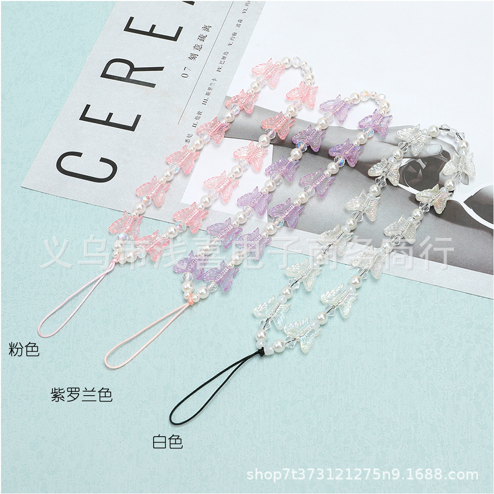 Amazon mobile phone chain crystal pearl butterfly mobile phone pendant, diy handmade beaded resin mobile phone lanyard for women pic 1
