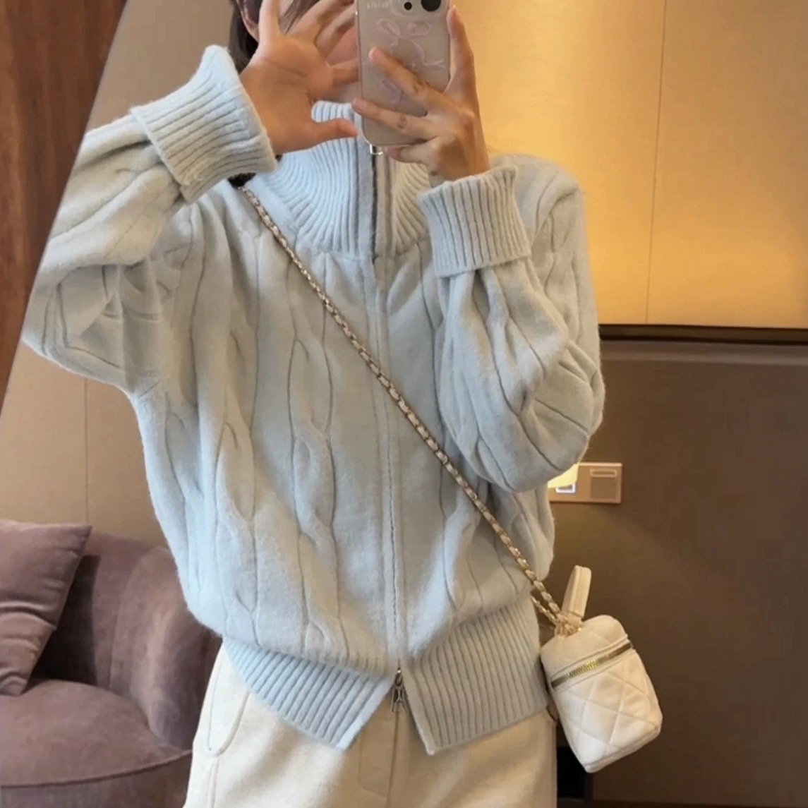 Solid-color casual double-zipper twisted knit cardigan coat, fashionable and versatile, new autumn and winter style sweater top for women pic 15