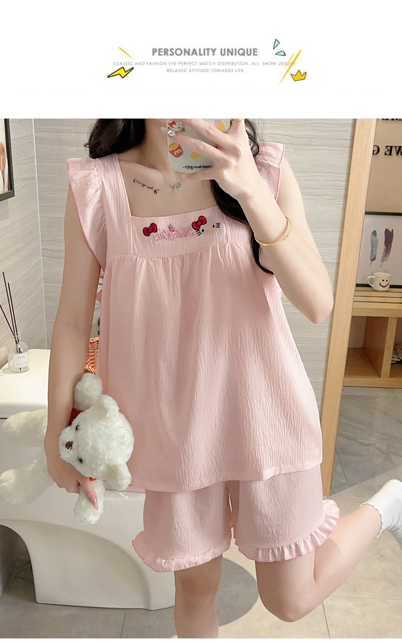 睡衣女夏季云朵棉甜美可爱风短裤吊带带胸垫套头家居服夏款两件套详情19