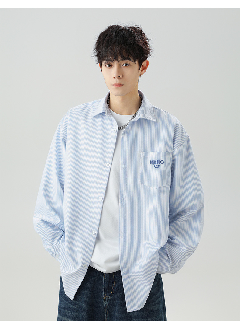 口袋立体刺绣长袖衬衫男春夏新款撞色竖条纹日系宽松情侣衬衣外套详情20