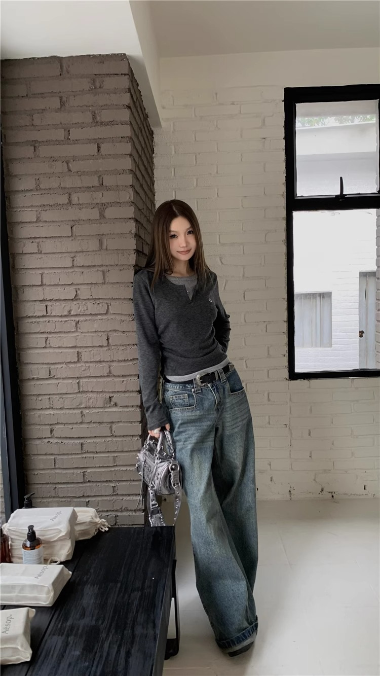 女士T恤假两件长袖T恤秋冬内搭修身显瘦打底上衣美式复古打底衫详情22