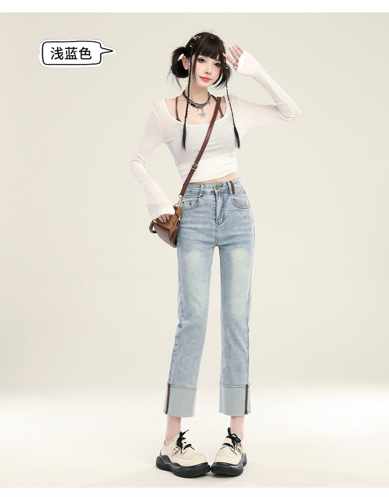 水泥灰卷边烟管牛仔裤女夏季2024新款高腰小个子九分法棍直筒裤子详情22