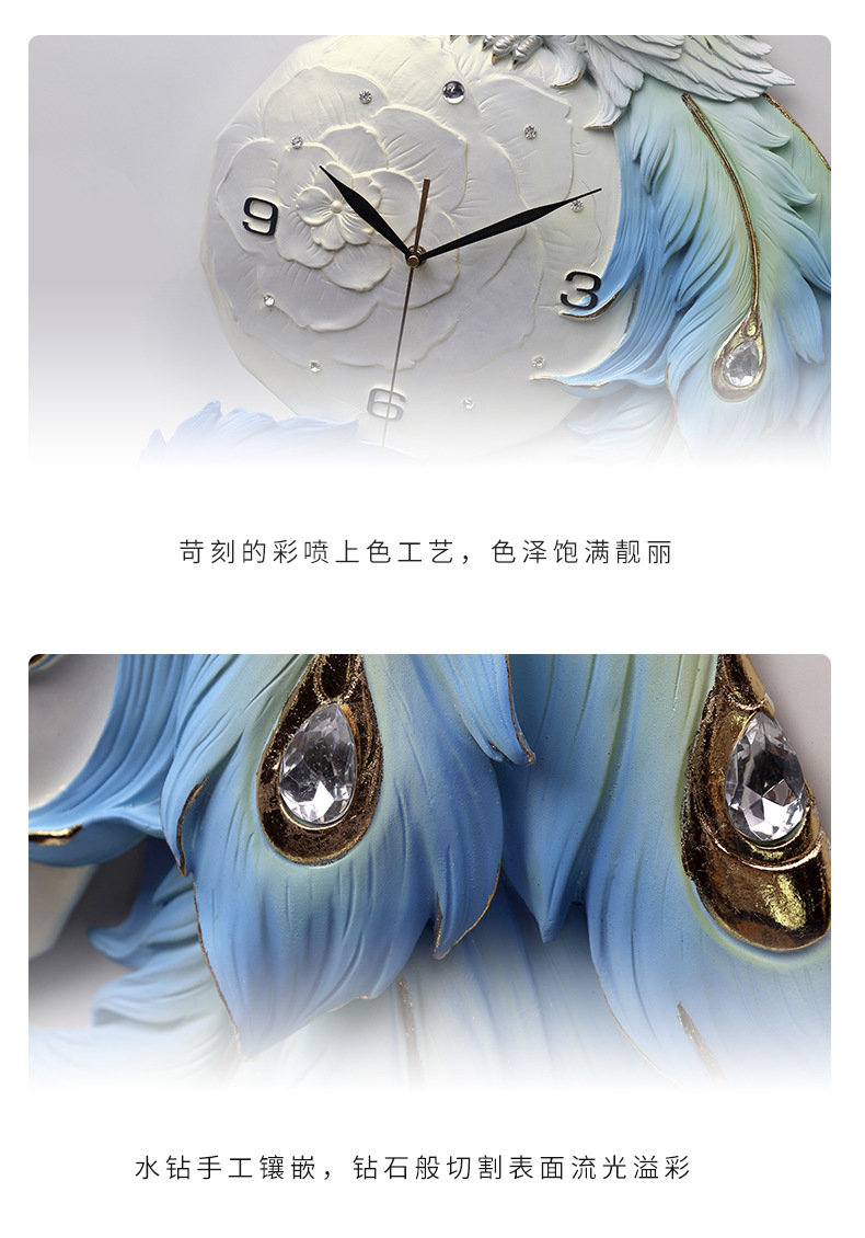 Amazon cross-border e-commerce three-dimensional relief new Chinese-style peacock wealth attraction living room wall clock decoration clock art clock pic 13