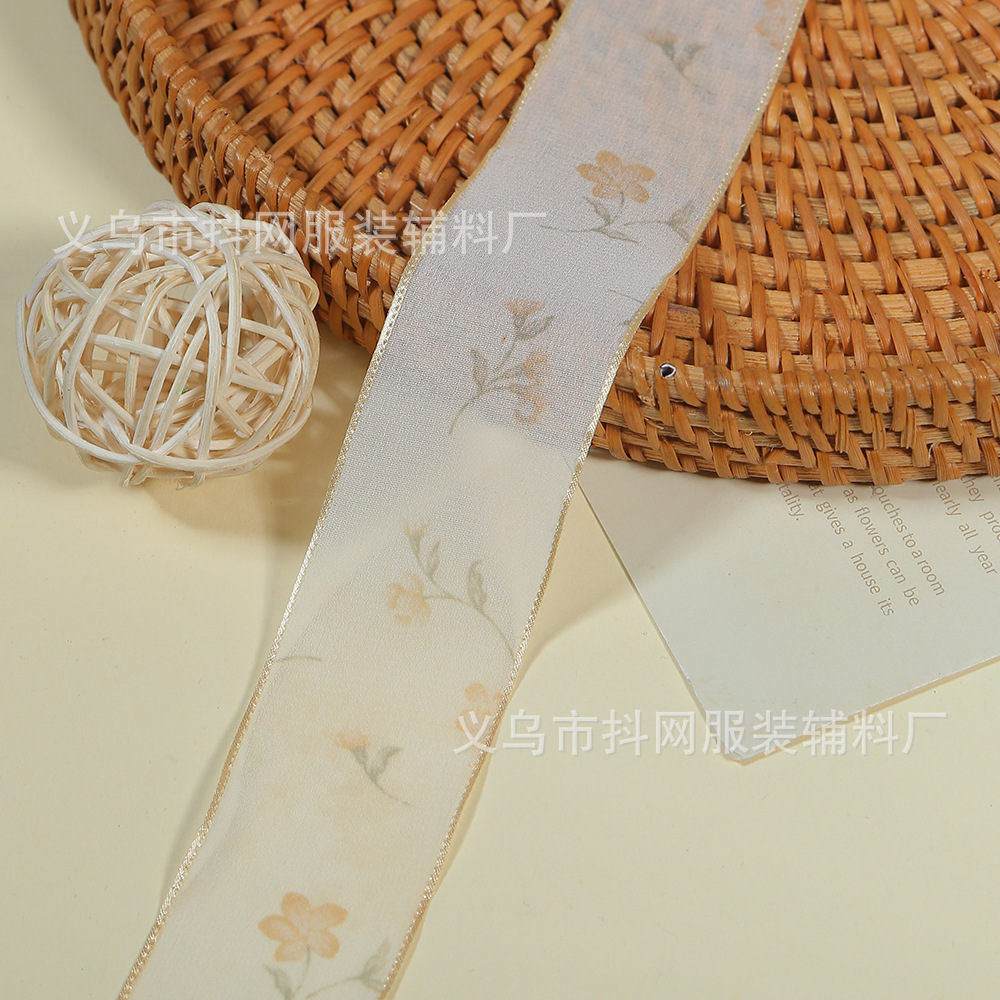4cm transparent snow gauze ribbon hair accessory DIY bow flower material gift box packaging small floral printed ribbon wholesale pic 6
