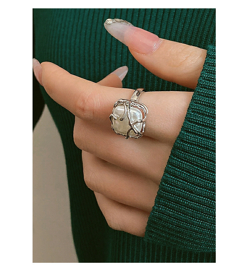 Cross-border niche design light luxury S925 sterling silver ring for women, Baroque pearl square opening ring accessory pic 15