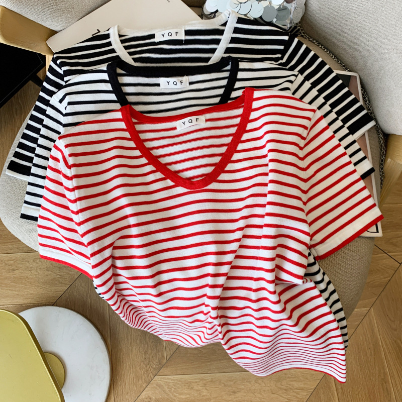 实拍 现货 女装夏季新款韩版V领条纹短袖T恤洋气冰丝针织衫上衣女详情16