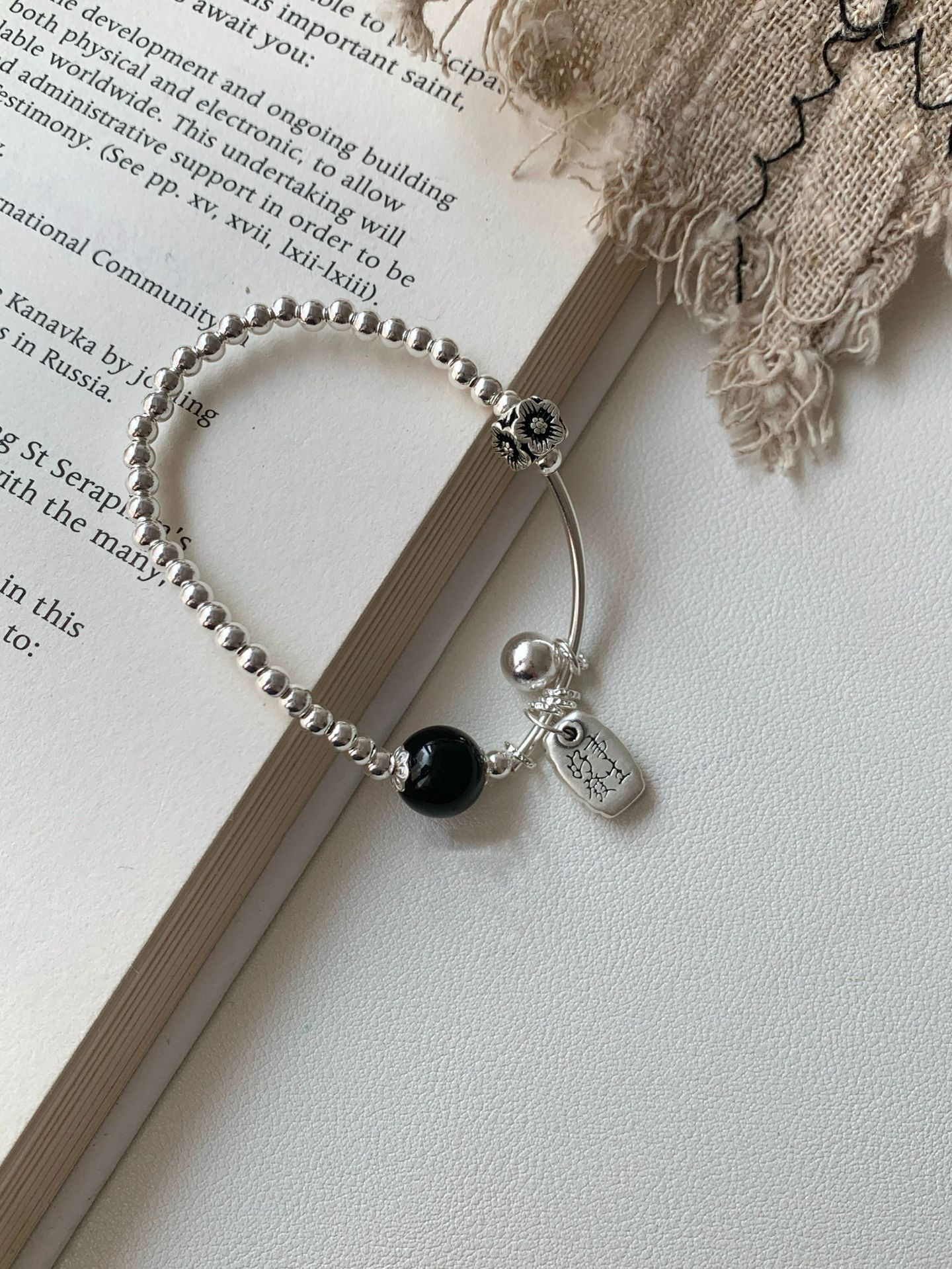s925 sterling silver Good News Happens Black agate round bead bracelet, retro and aged, niche and versatile commuting bracelet silver jewelry pic 1