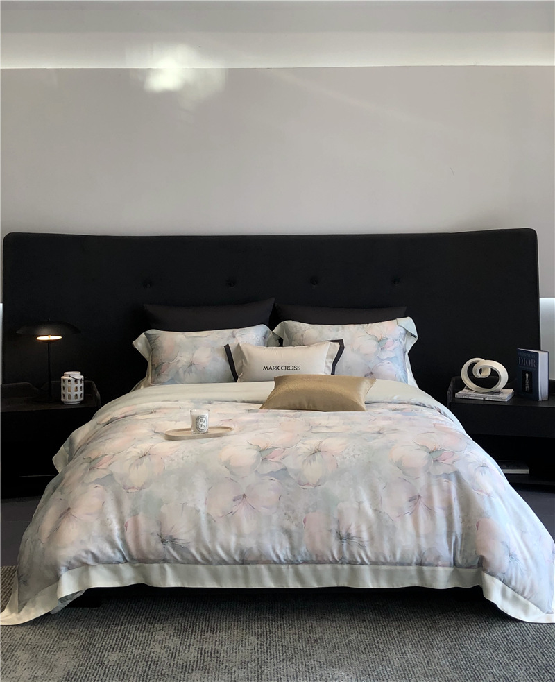 Cool ultra-fine denier Tencel summer light and cool condensation filament four-piece set, elegant printed sweat-absorbing nude bedding pic 40