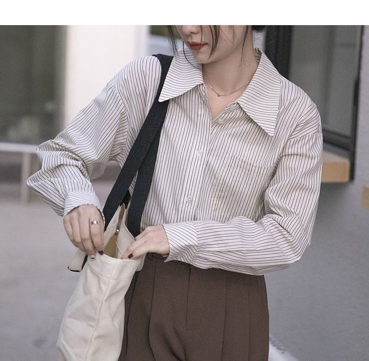 蓝色条纹衬衫女2025春秋新款设计感小众宽松显瘦春秋外穿长袖衬衣详情11