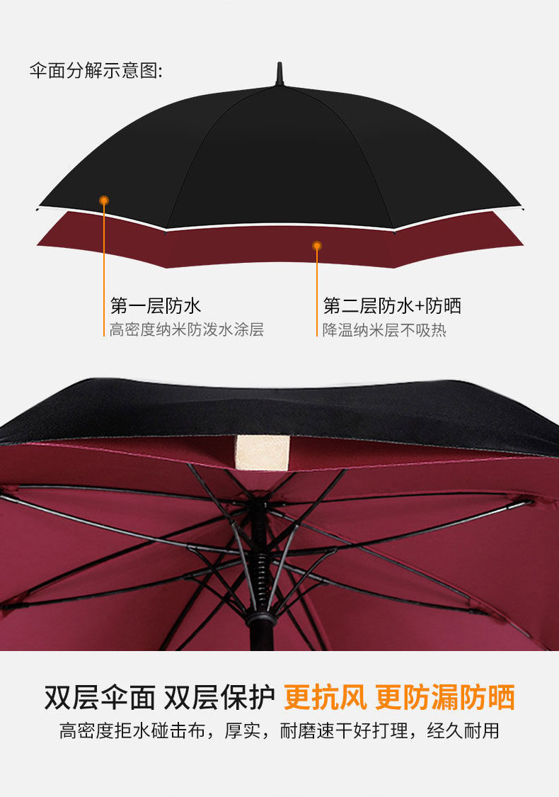 V系々雨伞长柄伞双人大号自动伞超大直把双层伞高档商务伞抗风高详情12