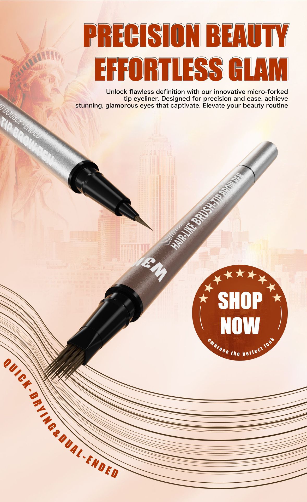 亚马逊TK爆款W3W双头毛刷头眉笔防水防汗野生4D仿真2in1液体眉笔详情3