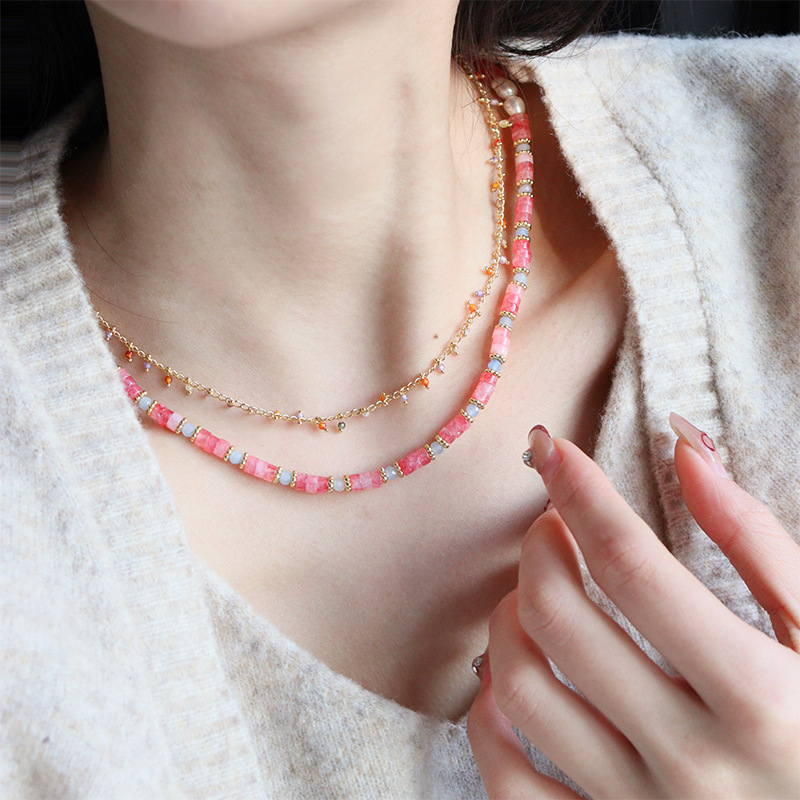 Original simple and fashionable freshwater pearl natural stone beaded necklace, light luxury, niche and high-end feel, layered collarbone chain for women pic 5