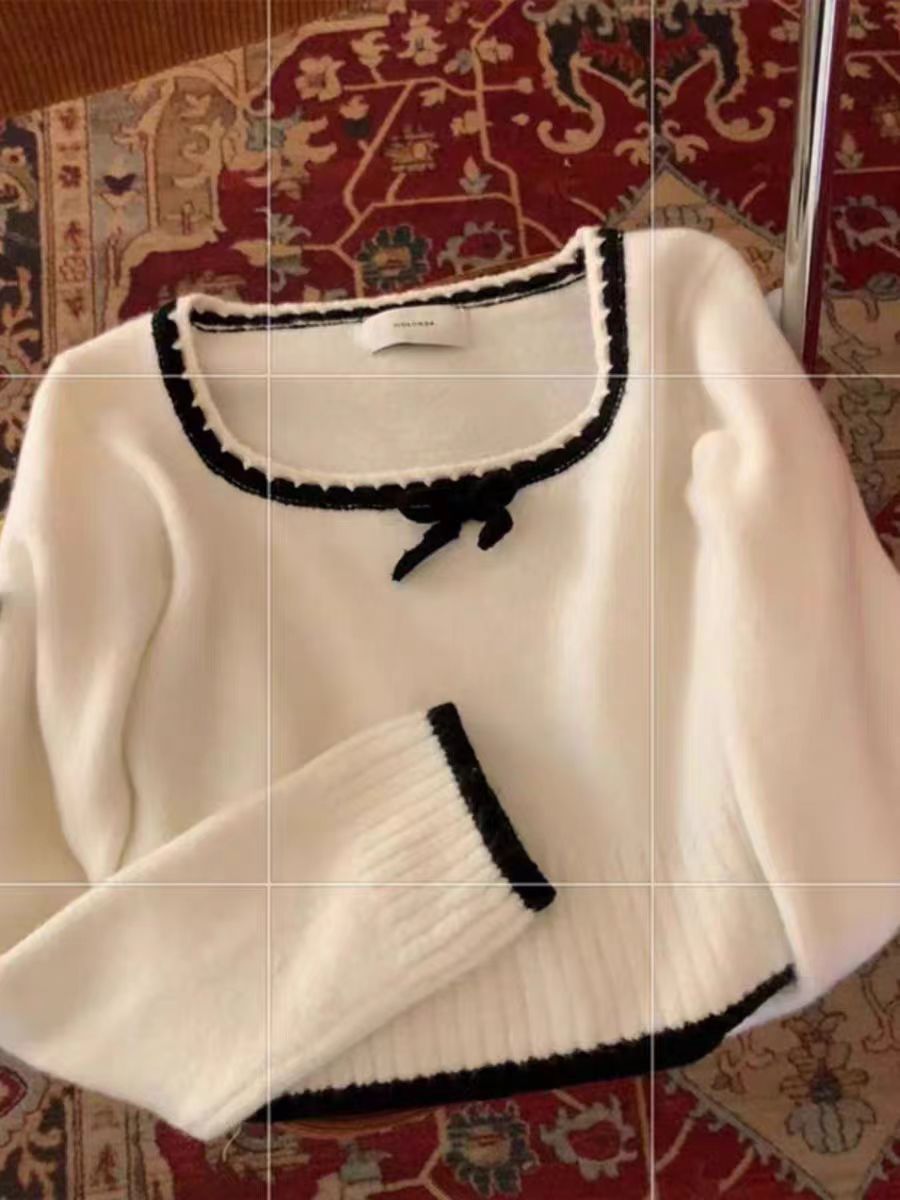 蝴蝶结方领长袖针织衫毛衣女春秋季韩系百搭修身新款打底衫上衣潮详情8