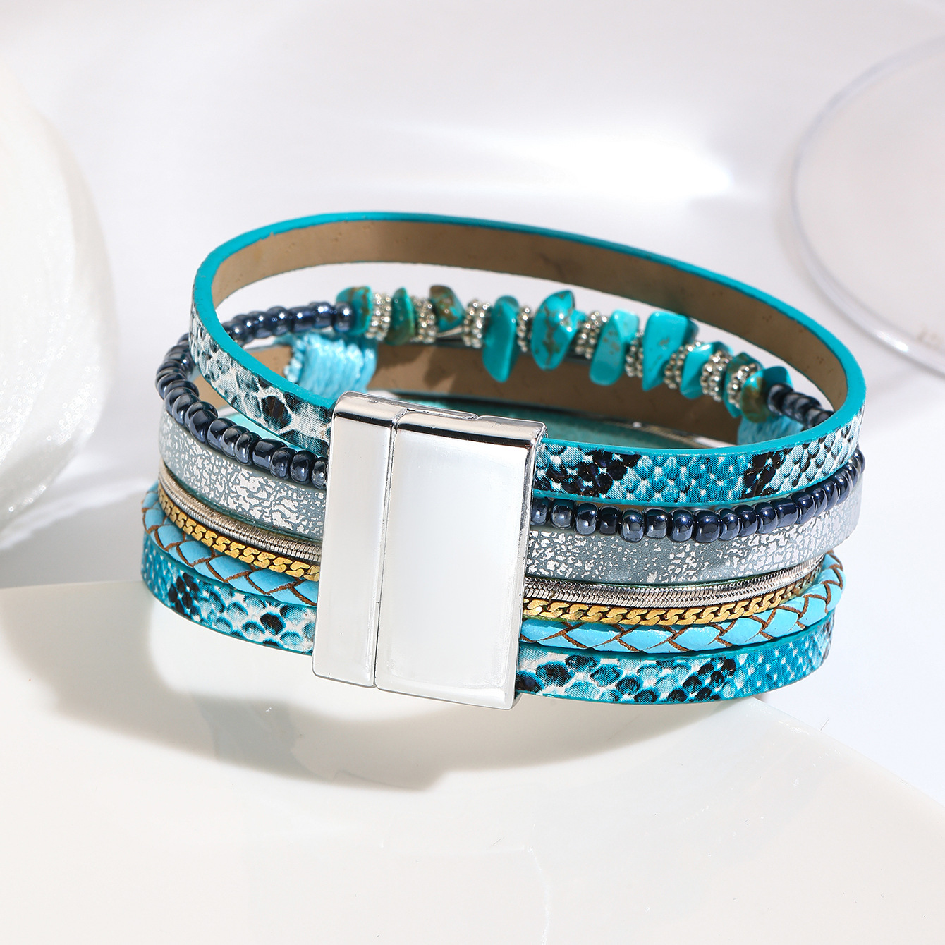 跨境翡翠波西米亚碎石羽毛手链复古绿松石磁铁扣手镯详情15