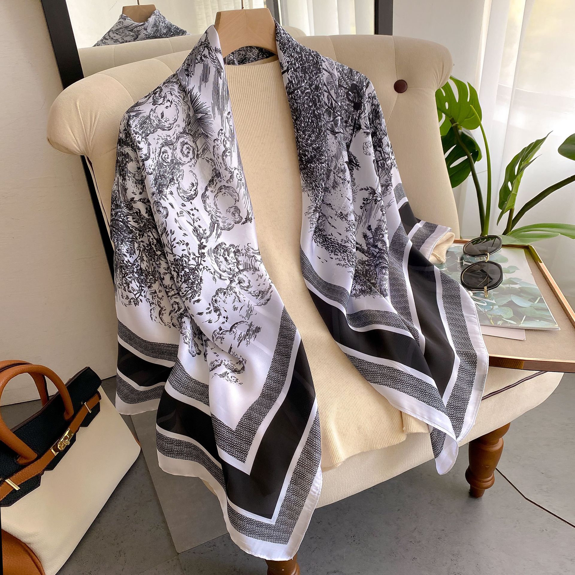 New faux silk scarf for women, 110cm plain weave large square scarf, versatile printed decorative sun protection shawl, summer wholesale pic 10
