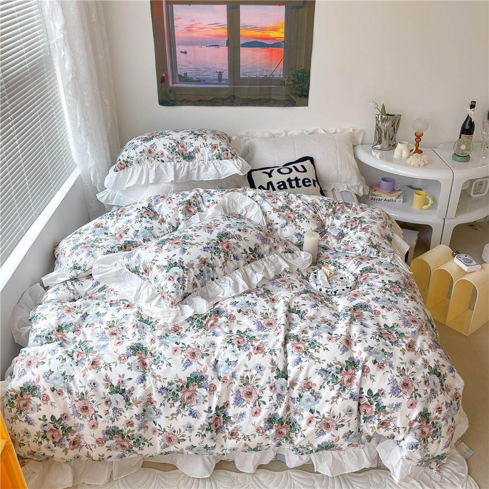 French Hepburn style pure cotton four-piece set, high-end feel, pure cotton black and white sketch flower duvet cover, all-cotton edge bedding pic 32