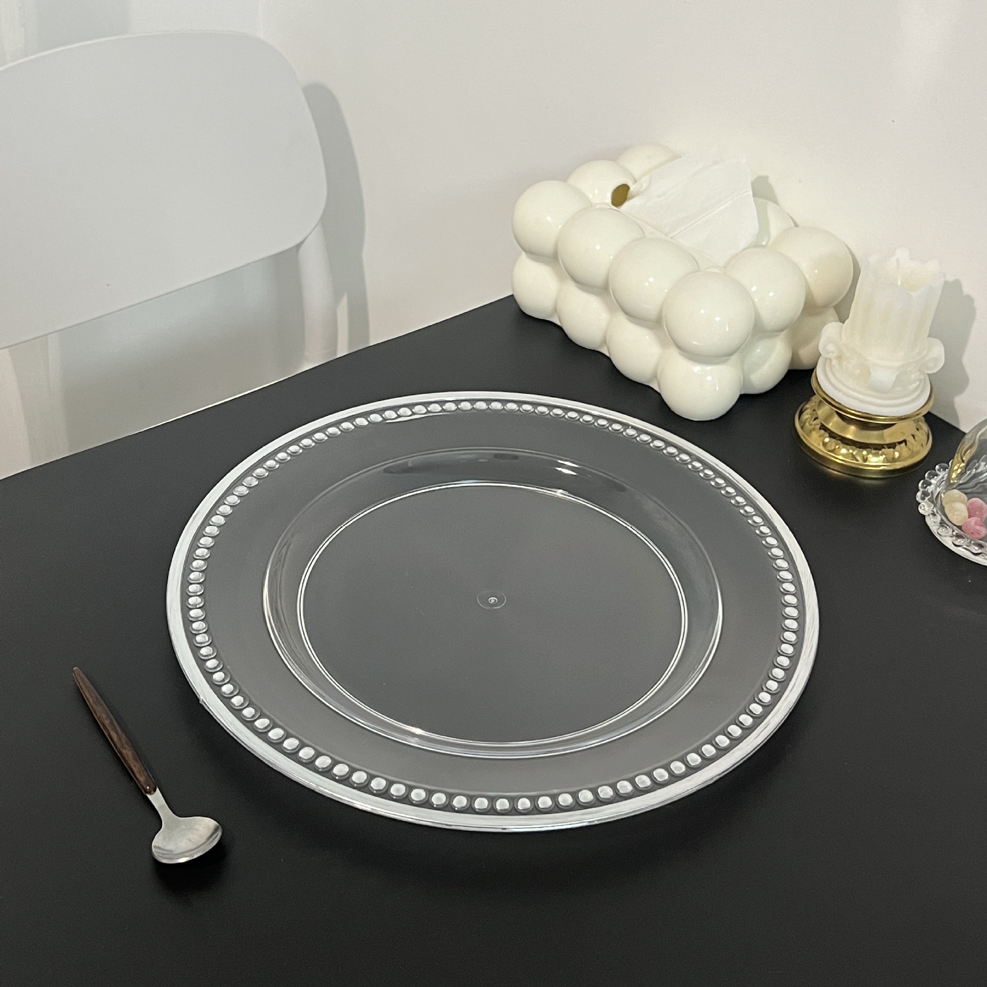 外贸透明婚礼酒店派对烫金工艺装饰塑料玻璃主盘chagerplate详情8