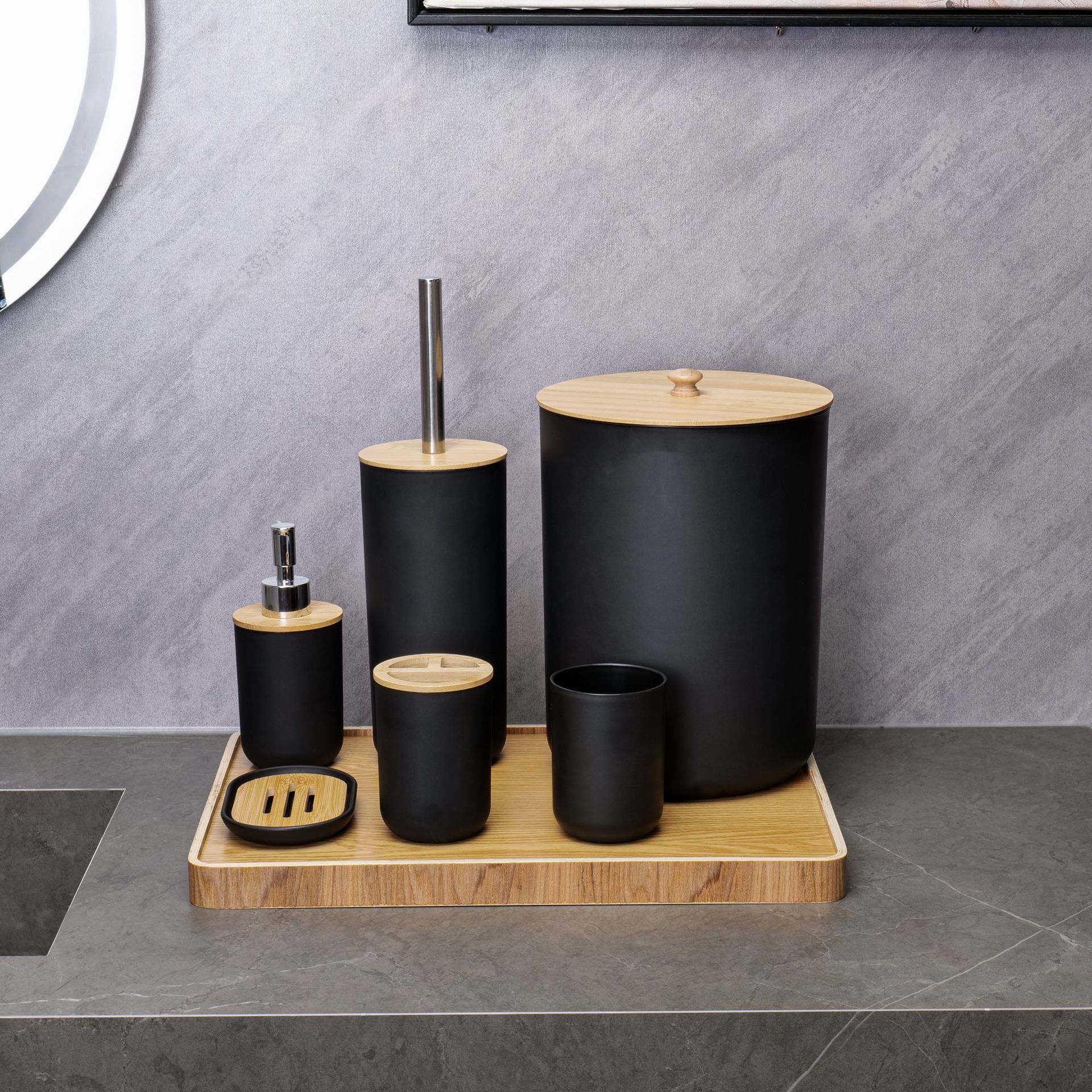 YUFEI跨境卫浴洗漱竹木六件套乳液泵牙刷杯肥皂盒北欧风简约套装详情5