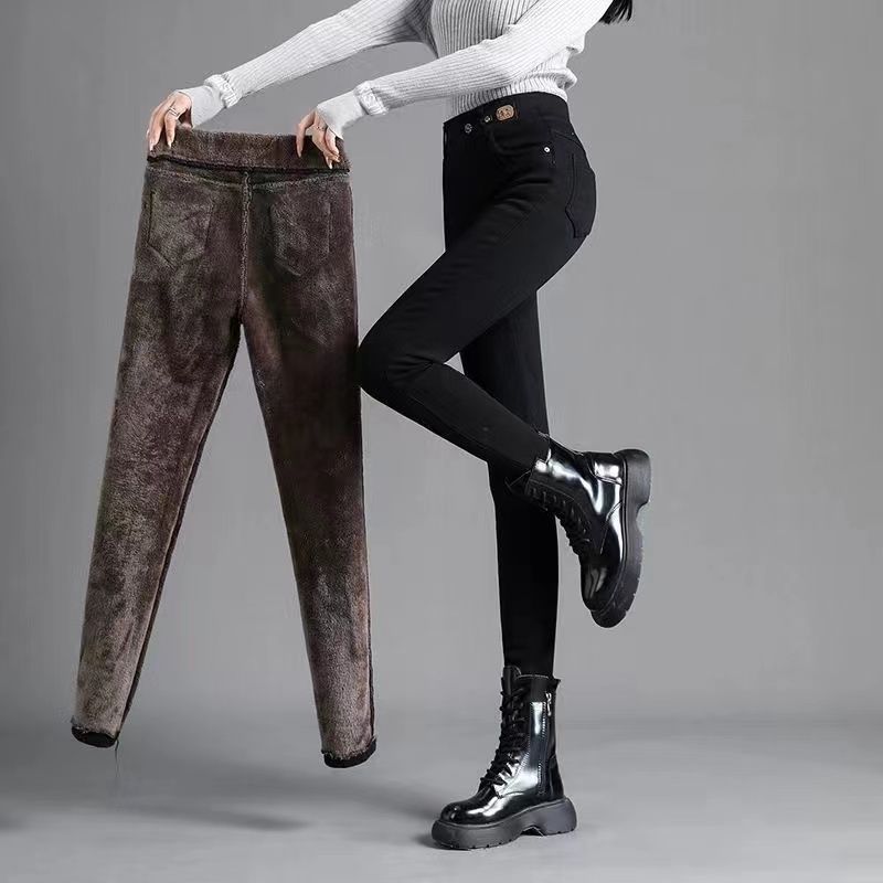 跨进羊羔绒秋冬季高弹力小脚牛仔裤女加绒加厚保暖打底裤铅笔裤子详情6