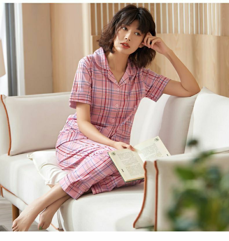 100%纯棉睡衣女夏季薄款短袖长裤大码家居服套装夏可外穿详情23
