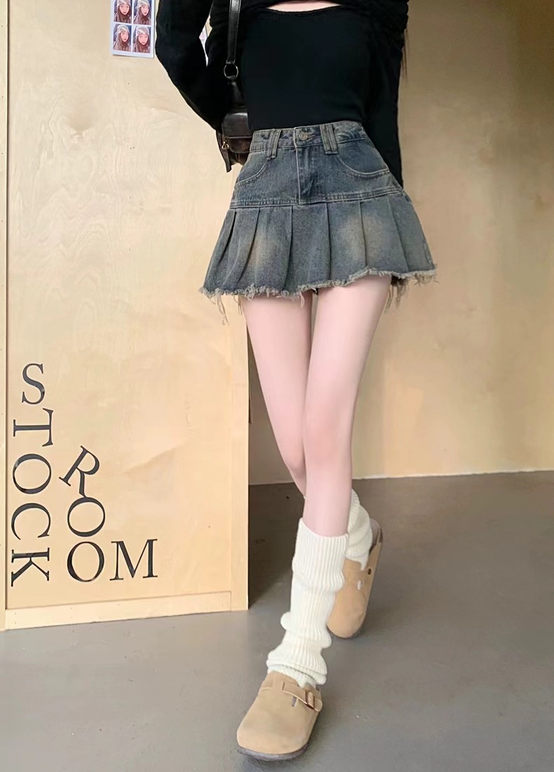 辣妹复古百褶牛仔半身裙女2024新款夏季高腰a字防走光包臀短裙子详情8