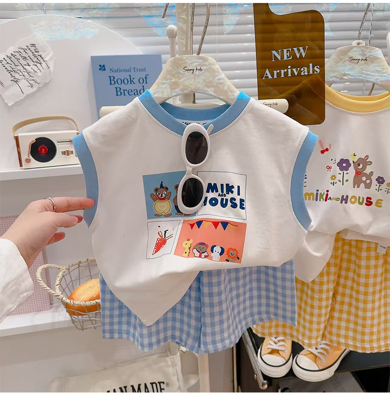 夏季新款百搭涂鸦背心格子t恤短裤两件套男女童套装莱卡棉详情11