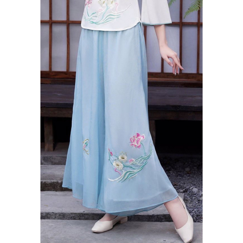 国潮现货 文艺2025复古双层新款珍珠雪纺绣花阔腿裤高腰佛系唐装裙裤详情4
