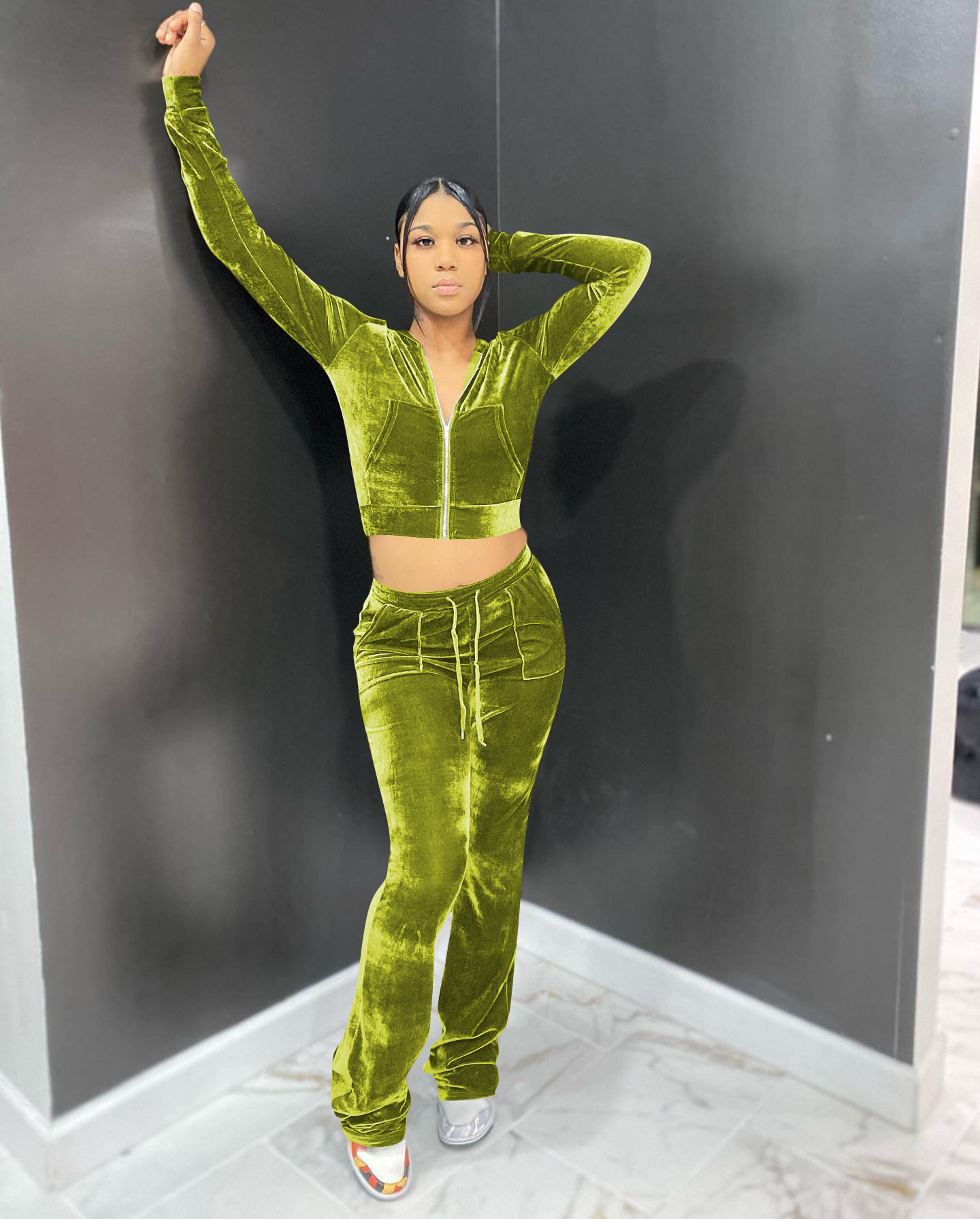 Solid color gold velvet wide-leg pants two-piece set pic 34