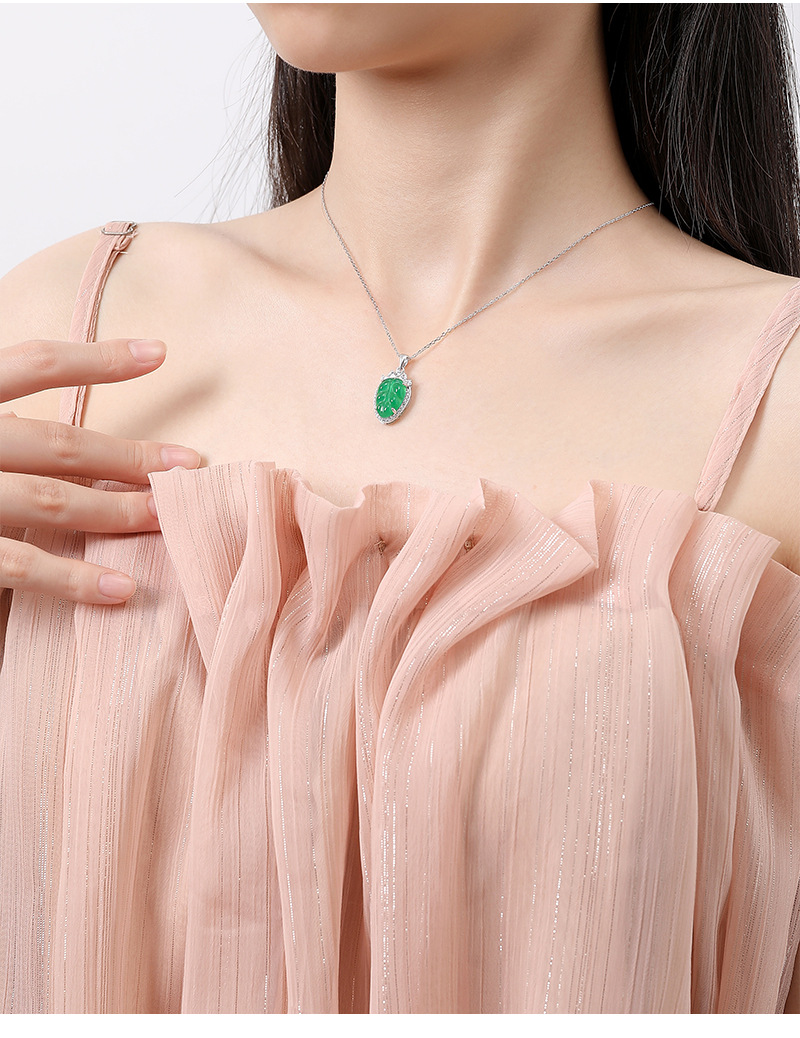 S925银跨境热销新品大树叶天然玉石绿玉髓微镶钻国风项链吊坠详情9