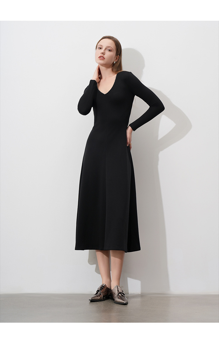 CANVAUS女装中腰长袖修身连衣裙女春秋新款V领钻石链收腰大摆中长详情14