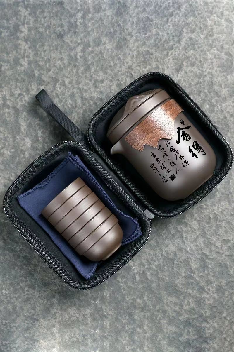 High-end purple clay travel tea set, one pot with six cups, quick guest cup, household portable outdoor travel Gongfu tea set pic 4