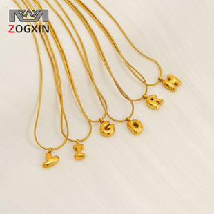 Cross-border 18K gold shell round stainless steel letter necklace, fashionable European and American titanium steel ring 26-letter pendant for women pic 4