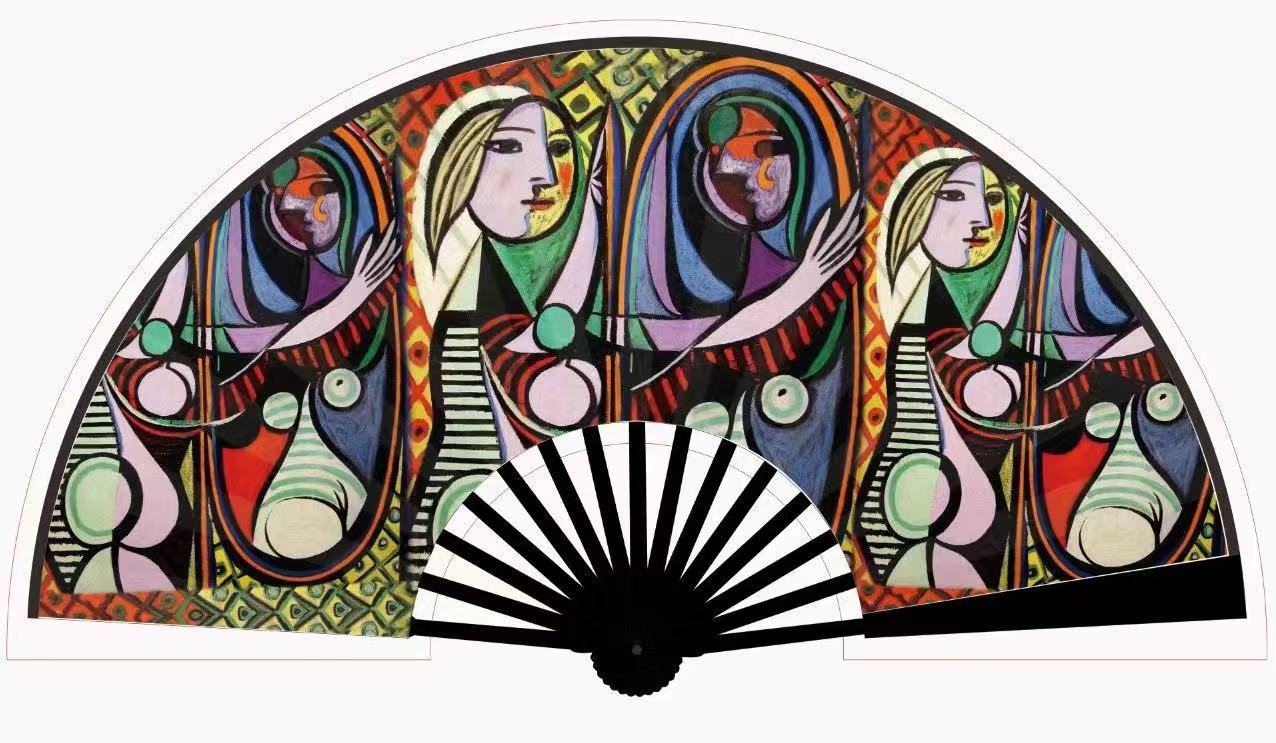 New oil painting series festival folding fans, popular hand fans in Europe and America, large fans, double-sided landscape printed fans pic 19