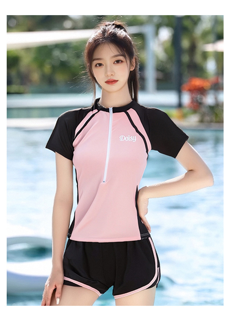 泳衣女新款爆款休闲运动风保守短袖游泳衣学生遮肚显瘦度假泳装-028443详情10