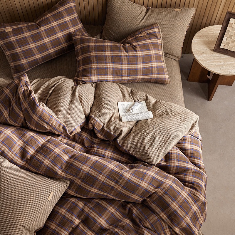 All-cotton Class A double-layer yarn four-piece set, double-layer yarn quilt cover and bed sheet four-piece set, pure cotton double-layer yarn checkered four-piece set pic 42